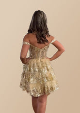 Gold Cocktail Dress Short Lace Cute Off Shoulder With Layered | PromDressClub